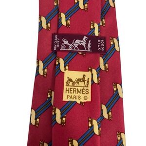 Hermes Men's Tie Geometric Striped Horse Heads Red Silk 980 SA 3.25" (W) 54" (L)